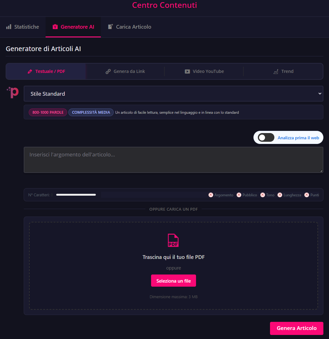 Interfaccia Creatore AI di Prinvol Articoli